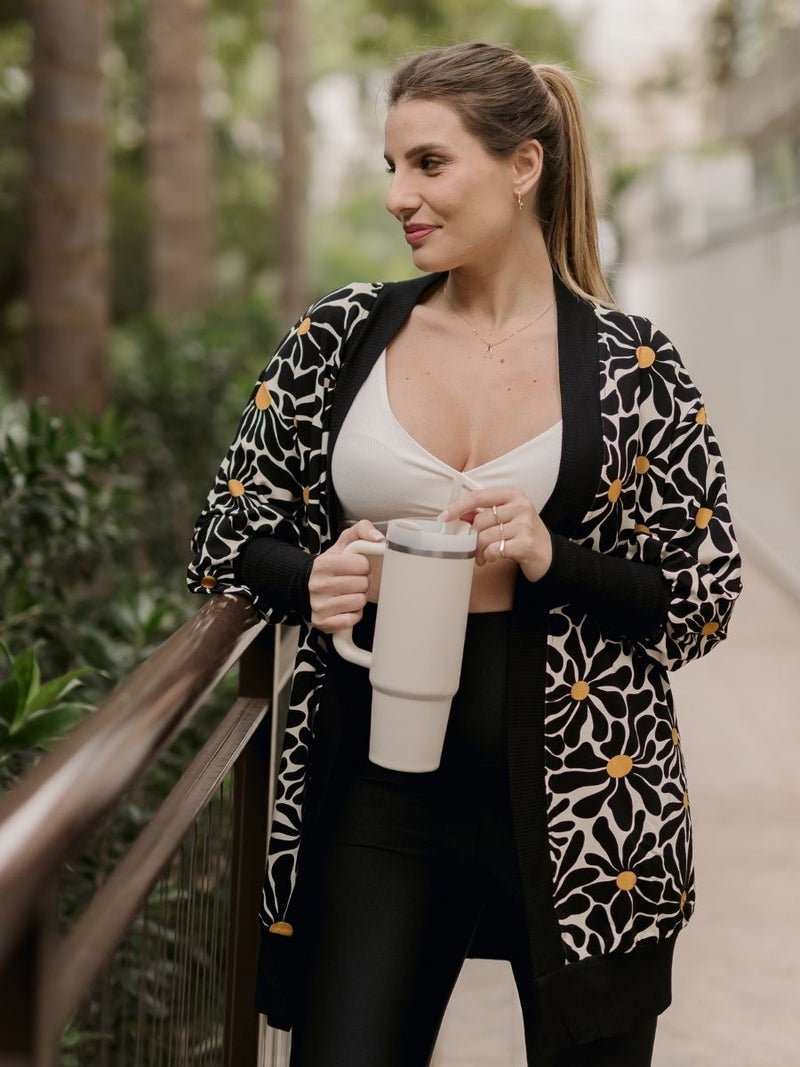 Maxi Cardigan Estampado Floral com Maxi Punho