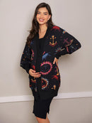 Maxi Cardigan Estampado Navy com Maxi Punho
