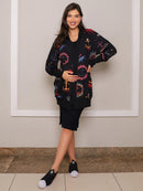 Maxi Cardigan Estampado Navy com Maxi Punho