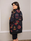 Maxi Cardigan Estampado Navy com Maxi Punho
