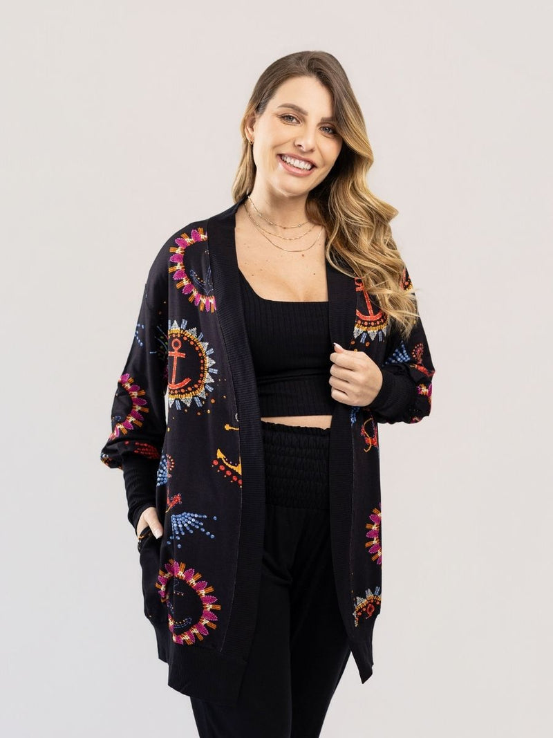 Maxi Cardigan Estampado Navy com Maxi Punho